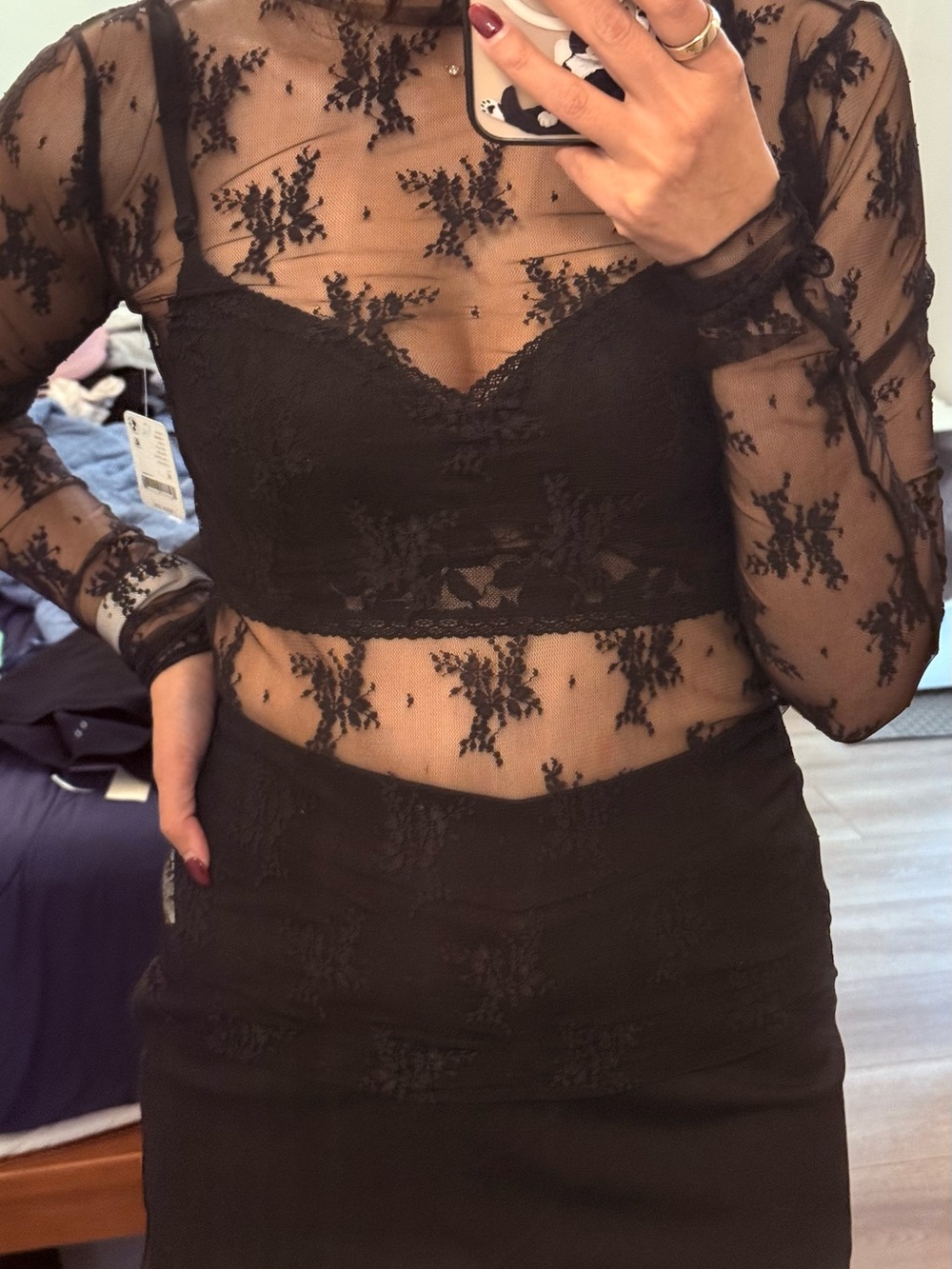 Free People Black Sheer Floral Lace Long Sleeve Dress